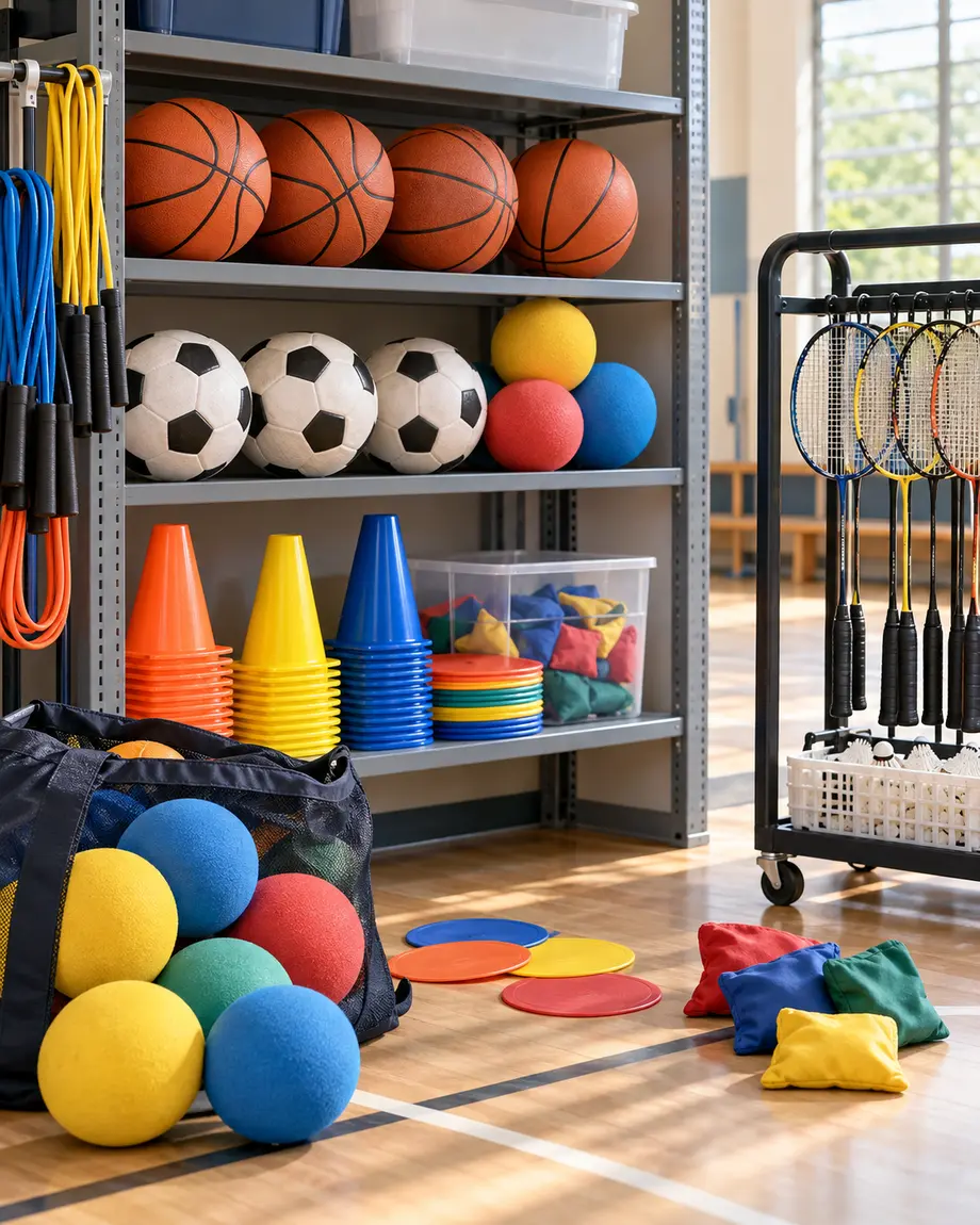 A neatly arranged selection of colourful physical education equipment for schools
